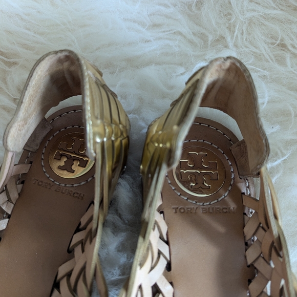 Tory Burch Golden Woven Huarache Sandals - Picture 7 of 9